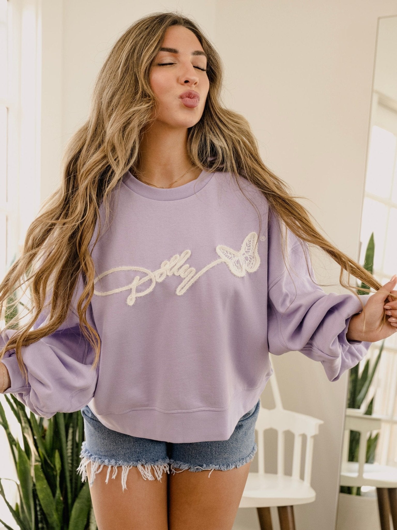 Dolly Parton Tinsel Purple Oversized Crew Sweatshirt | LivyLu
