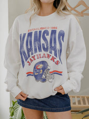 KU Jayhawks Established Date Helmet White Thrifted Sweatshirt
