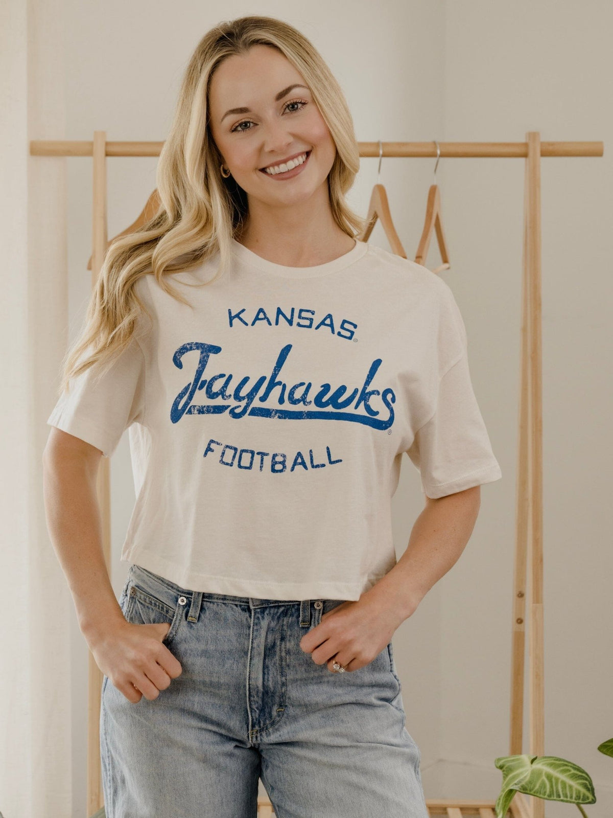 KU Jayhawks Football Stencil Off White Cropped Tee