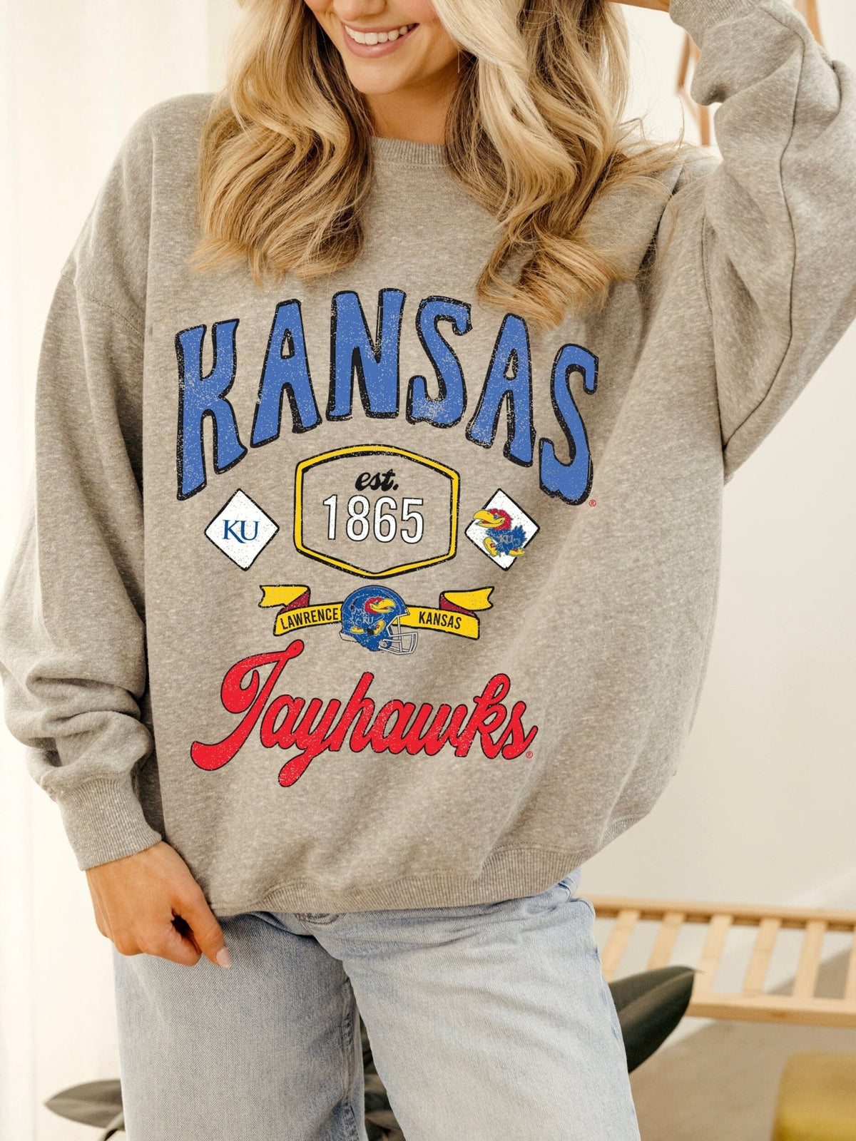 KU Jayhawks Patches 25 Ash Gray Thrifted Sweatshirt