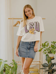 LSU Tigers Helmet Fade Off White Cropped Tee