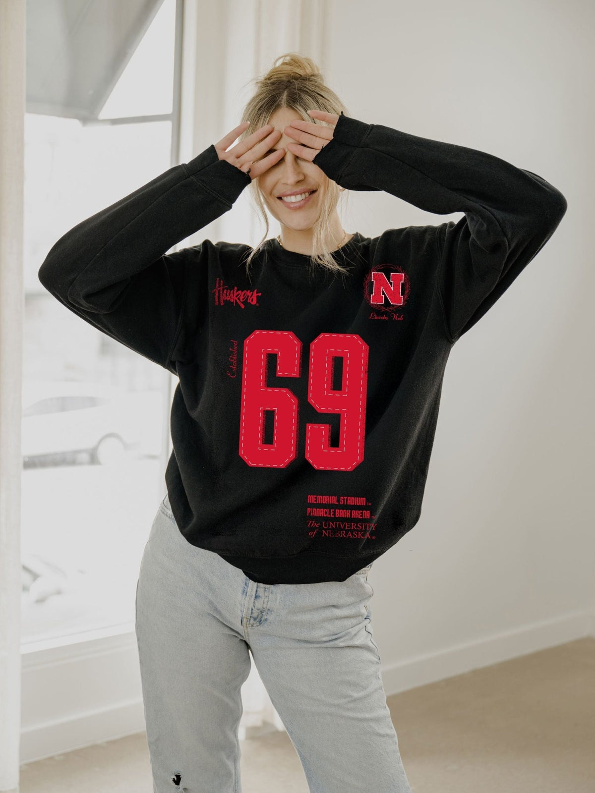 Nebraska Huskers Crest Stamp Black Thrifted Sweatshirt