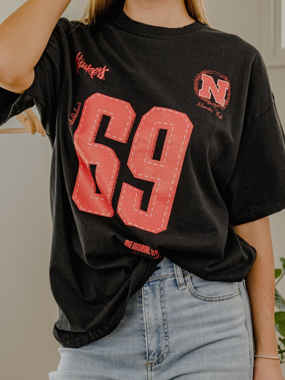 Nebraska Huskers Crest Stamp Black Thrifted Tee