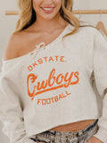 OSU Cowboys Football Stencil Tie Off Shoulder Gray Hi Dive Sweatshirt