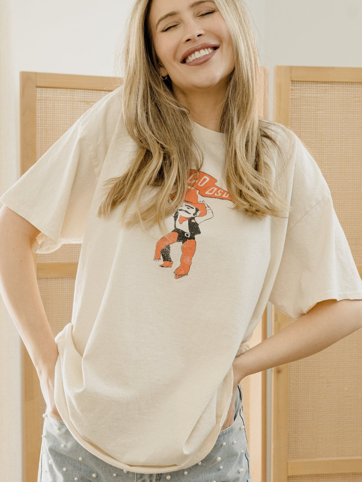 OSU Cowboys Mascot Flag Off White Thrifted Tee