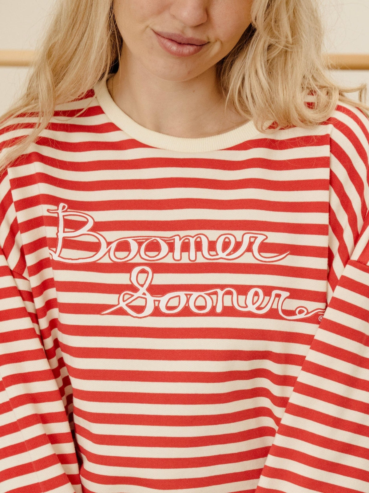 OU Boomer Sooner Simple Script Red/White Stripe Hi Dive Sweatshirt