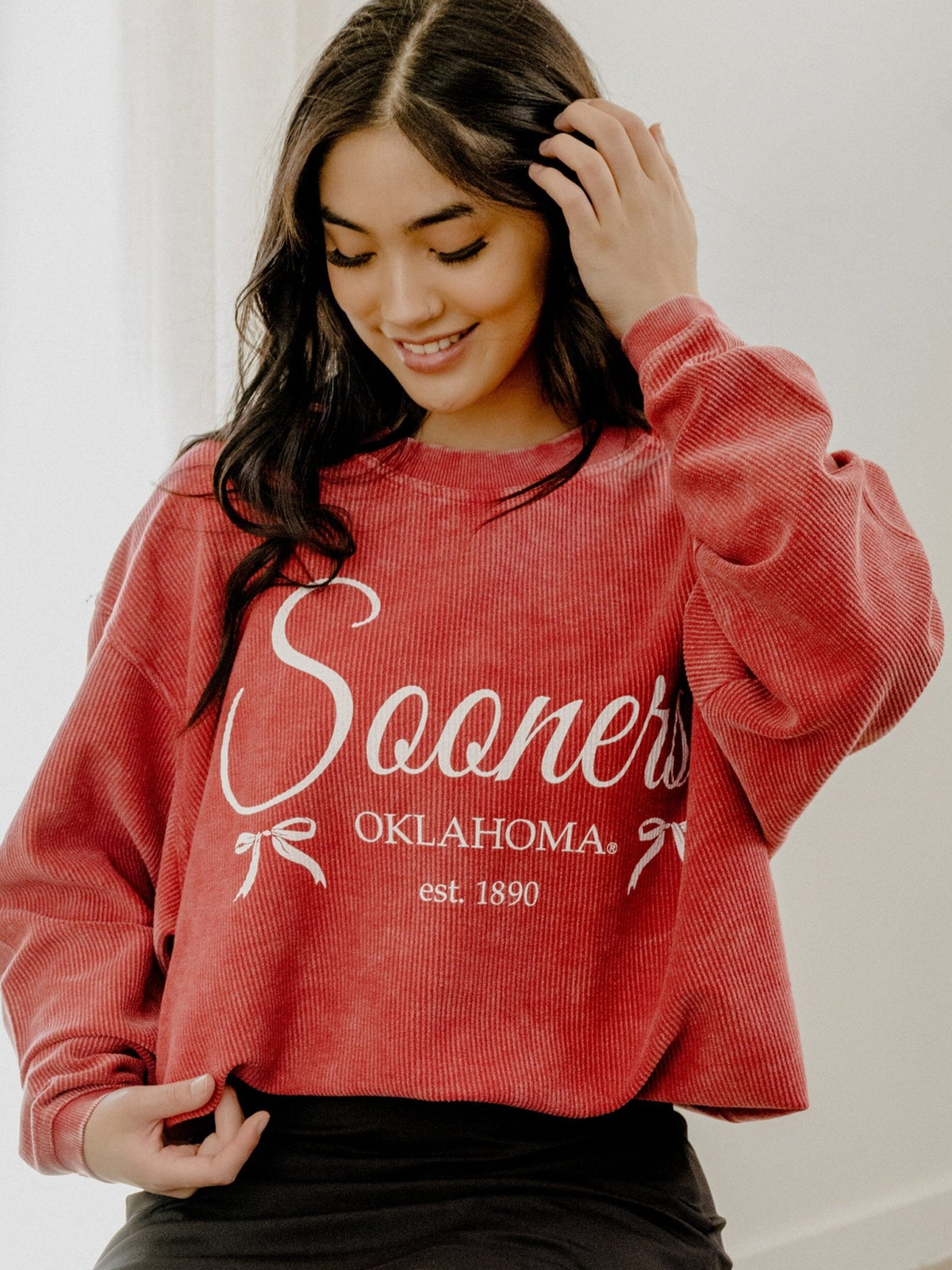 OU Sooners Established Bows Red Corded Crew Sweatshirt