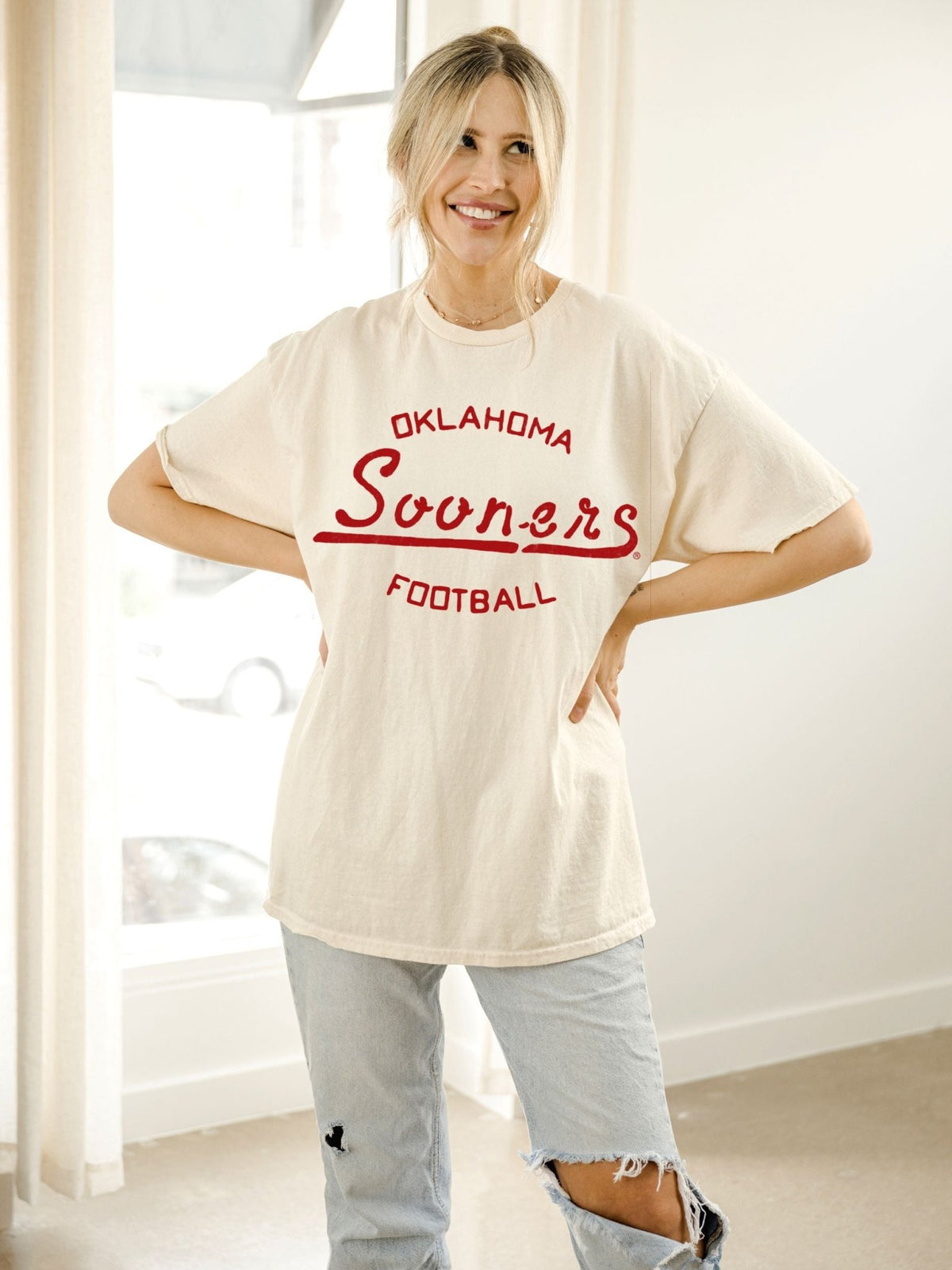 OU Sooners Football Stencil Off White Thrifted Tee
