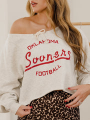 OU Sooners Football Stencil Tie Off Shoulder Gray Hi Dive Sweatshirt