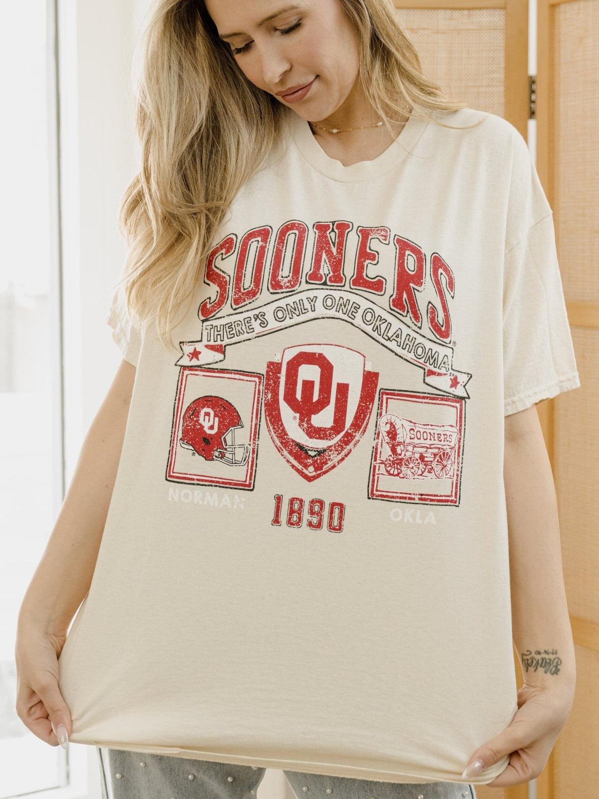 OU Sooners Prep Patch Off White Thrifted Tee