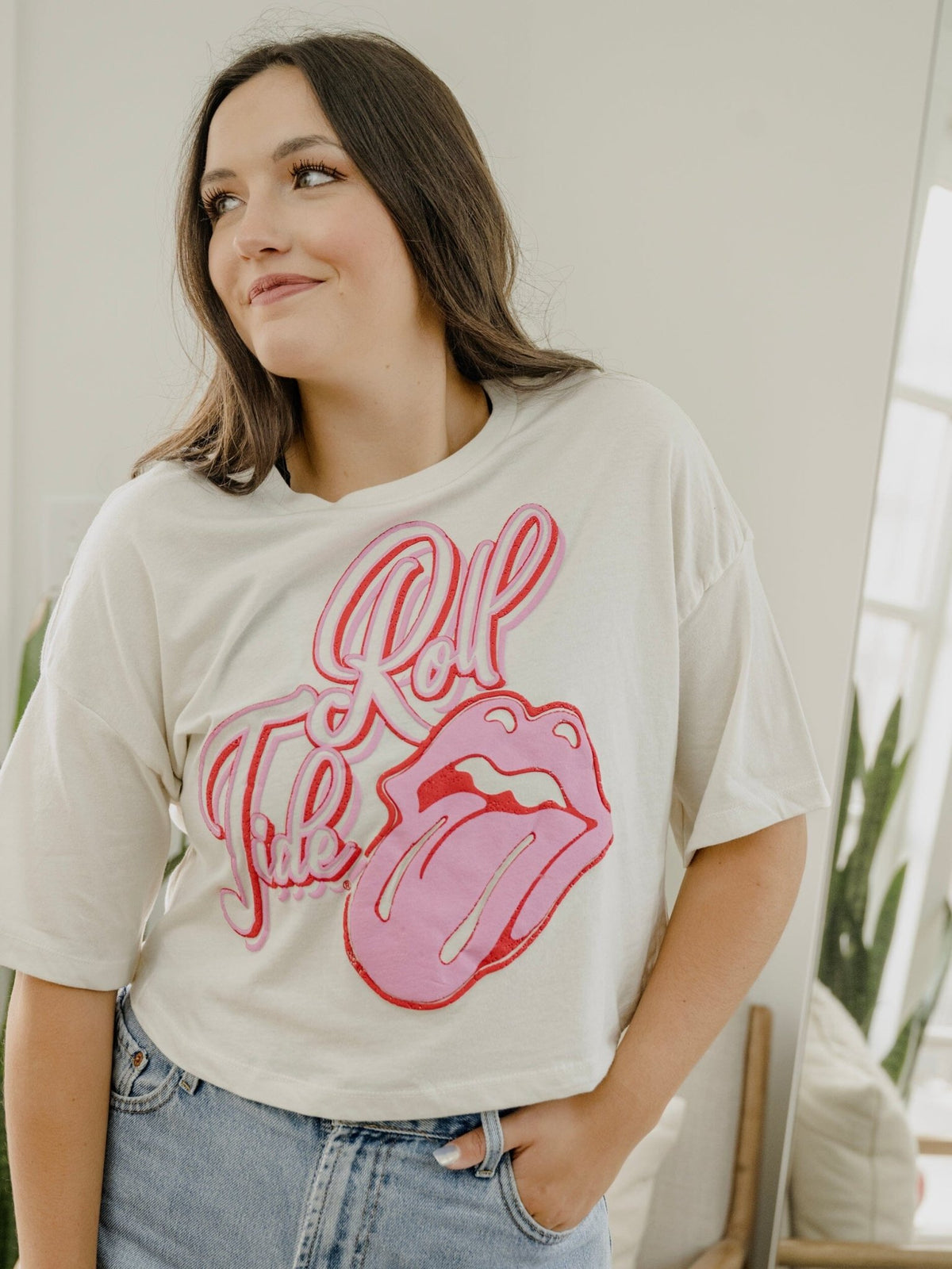 Rolling Stones Bama Roll Tide Malibu Puff Ink Off White Cropped Tee