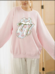 Rolling Stones Floral Lick Pink Thrifted Sweatshirt
