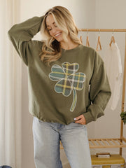 St. Patrick's Day Tartan Clover Green Thrifted Sweatshirt