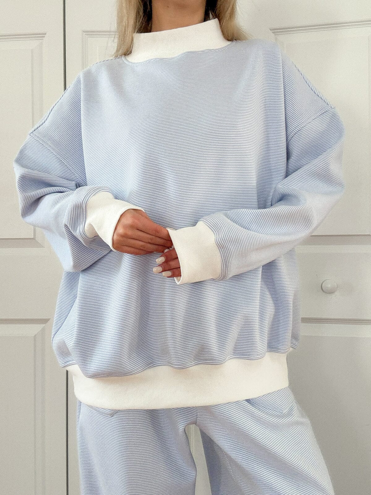 Blue and White Mini Striped Mockneck Sweatshirt