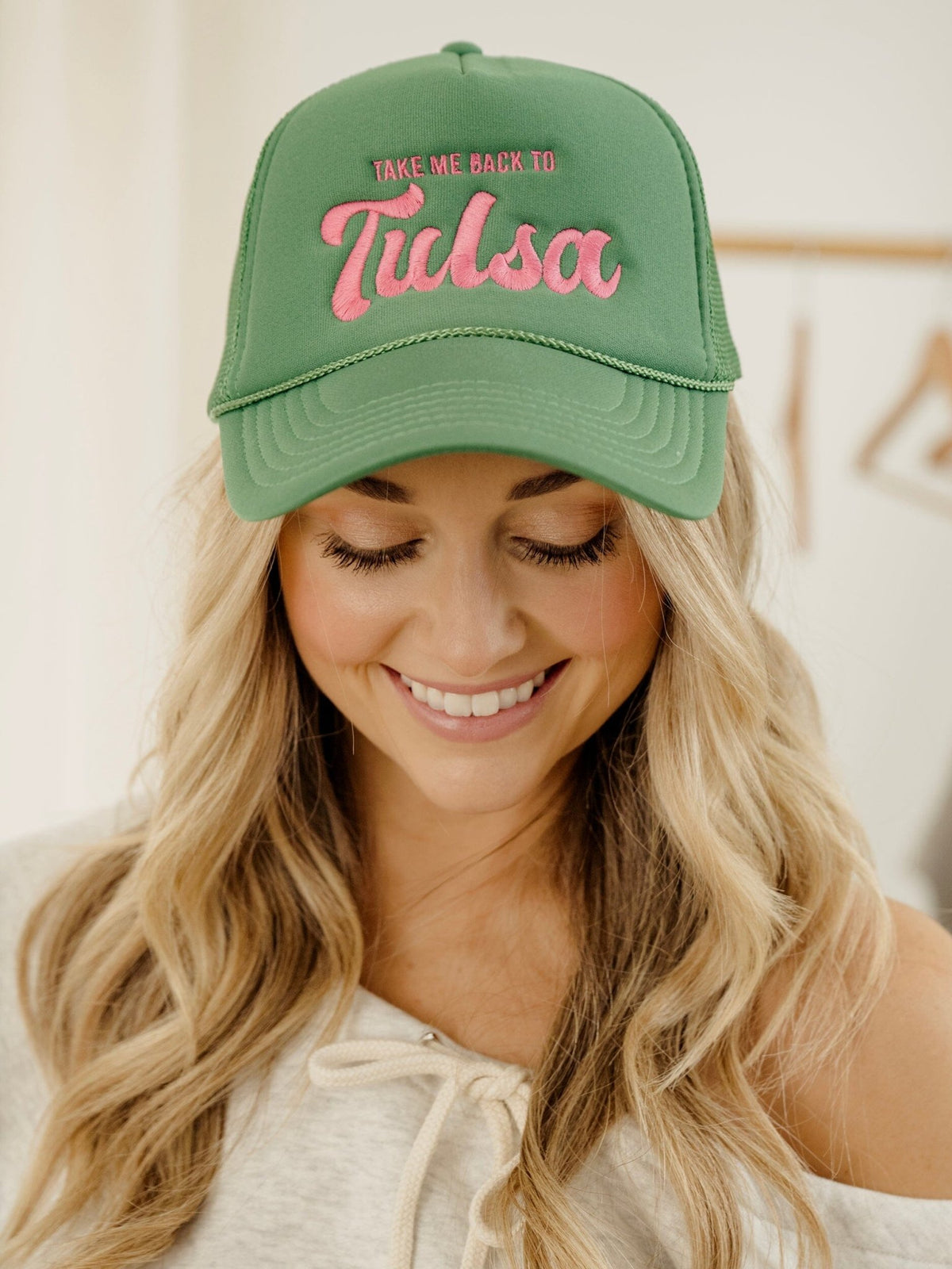 Take Me Back To Tulsa Embroidered Green Trucker Hat