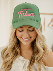 Take Me Back To Tulsa Embroidered Green Trucker Hat