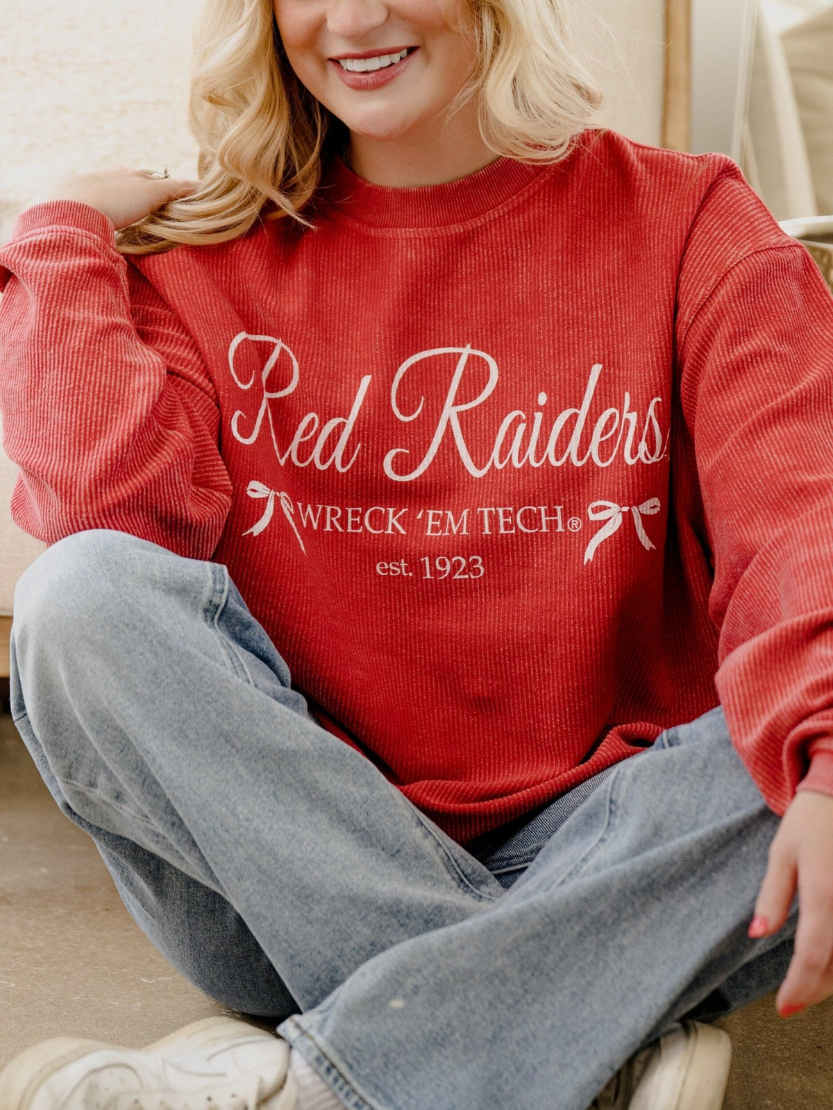 Texas Tech Established Bows Red Corded Crew Sweatshirt
