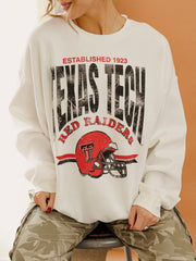 Texas Tech Established Date Helmet White Thrifted Sweatshirt