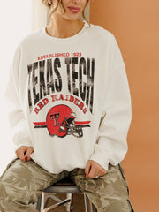 Texas Tech Established Date Helmet White Thrifted Sweatshirt