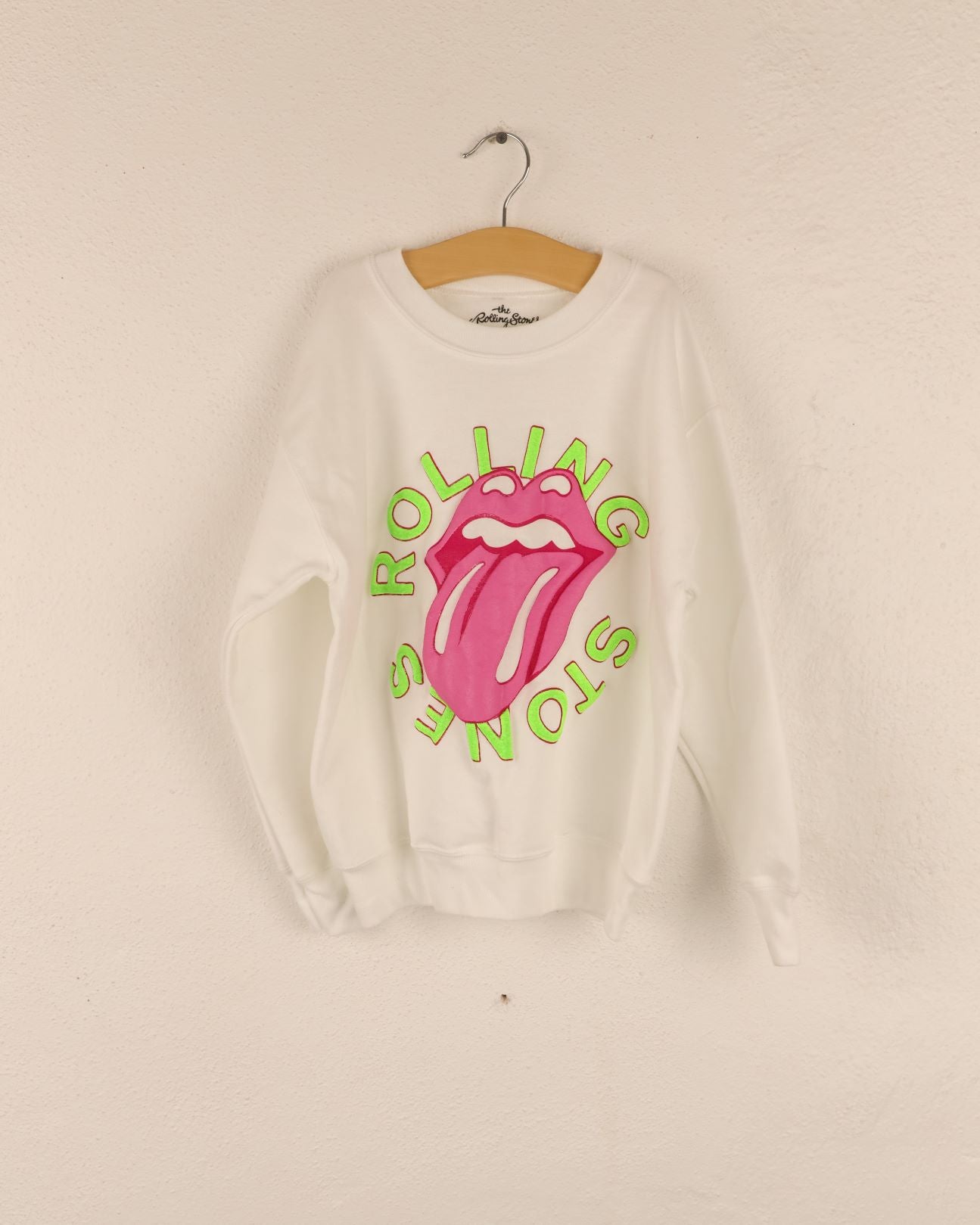 Children's Rolling Stones Neon Puff Classic Lick White Sweatshirt - shoplivylu