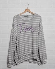 LSU Tigers Girly Font Gray/White Stripe Side Slit Lightweight Sweatshirt - shoplivylu