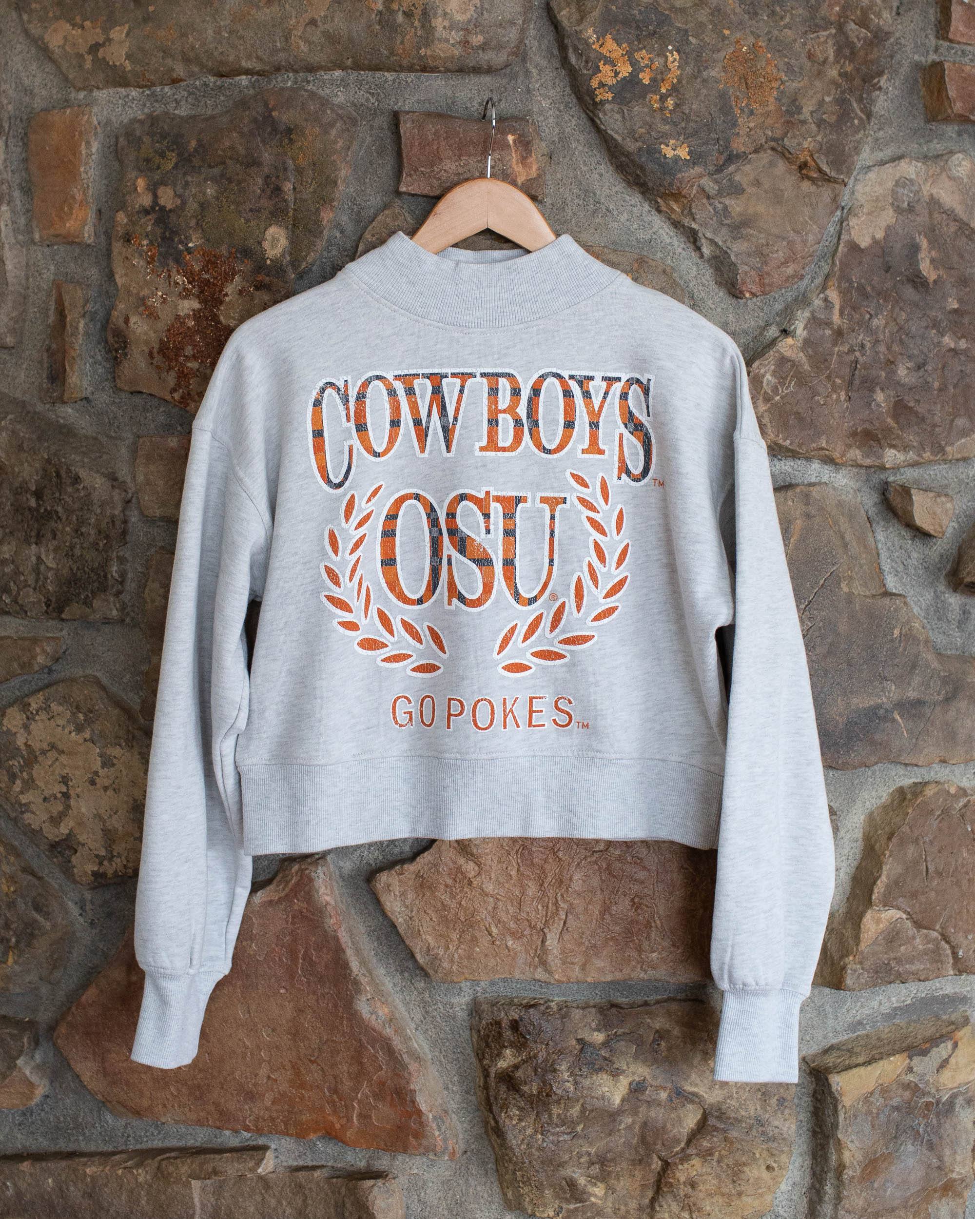 OSU Cowboys Plaid Crest Gray Mock Neck Cropped Sweatshirt - shoplivylu