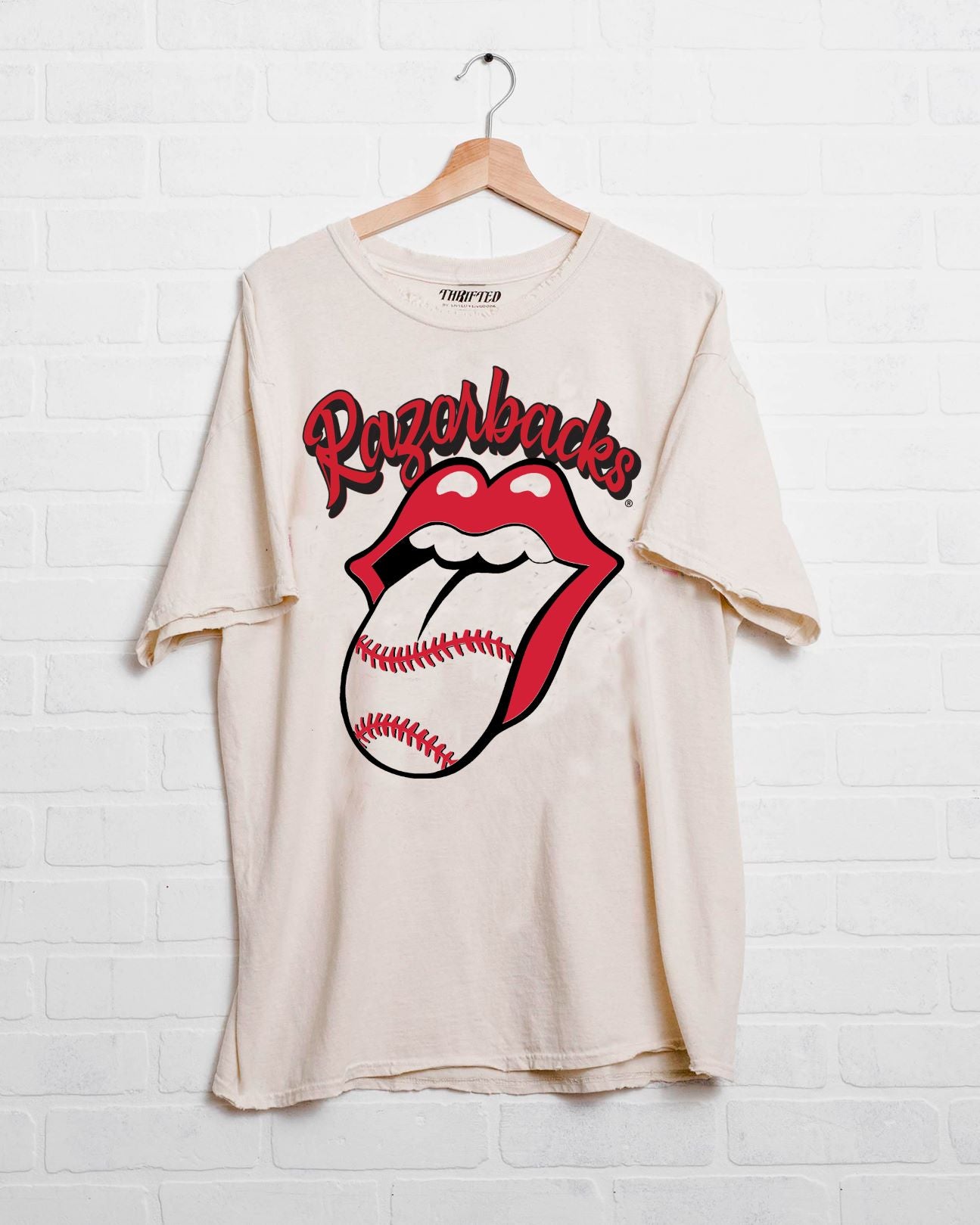 Rolling Stones Arkansas Baseball Lick Off White Thrifted Tee - shoplivylu