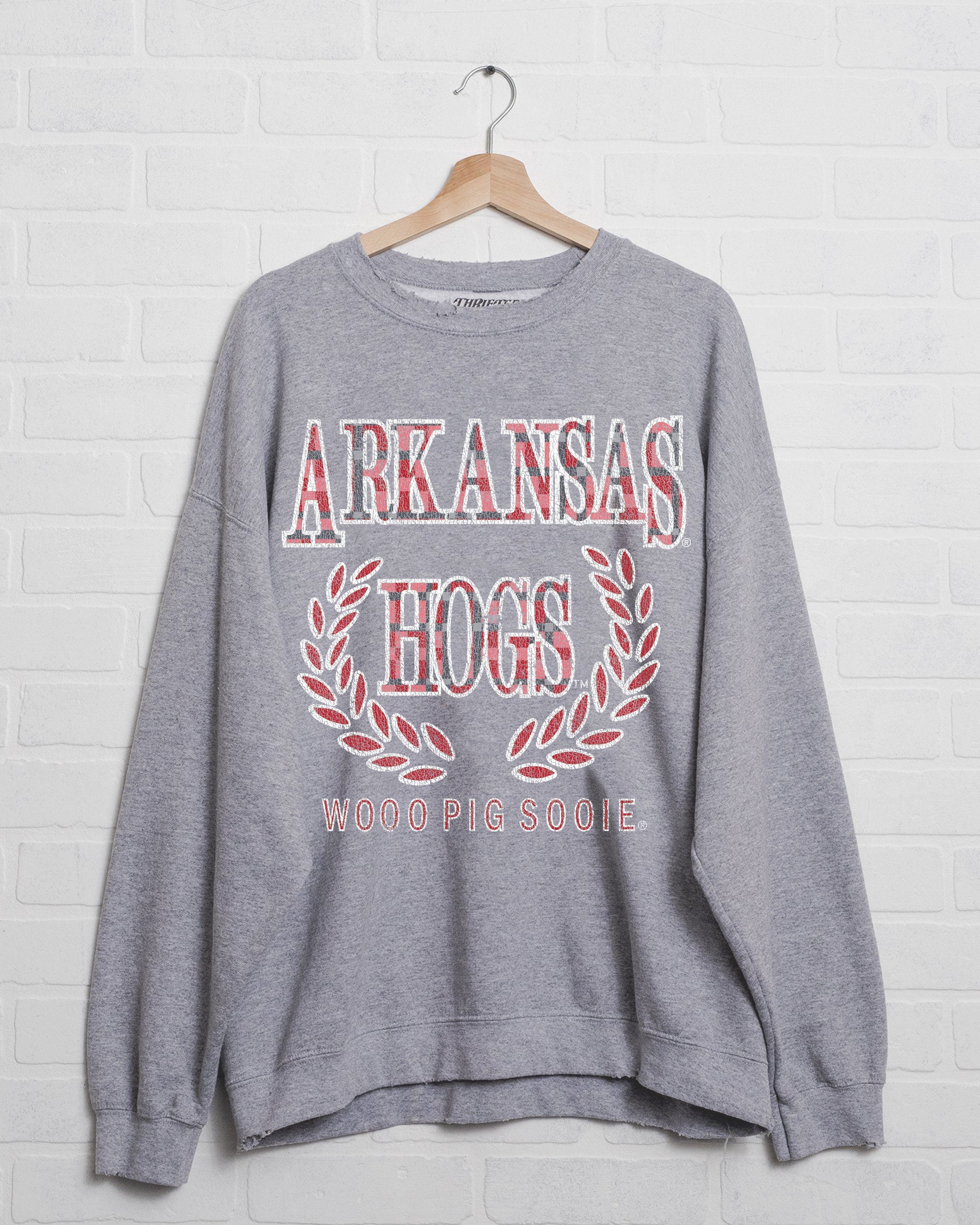 Arkansas Razorbacks Plaid Crest Gray Thrifted Sweatshirt - shoplivylu