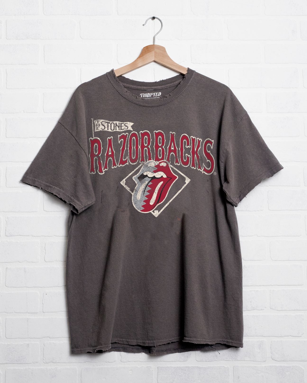 Rolling Stones Razorbacks Baseball Diamond Off Black Thrifted Tee - shoplivylu