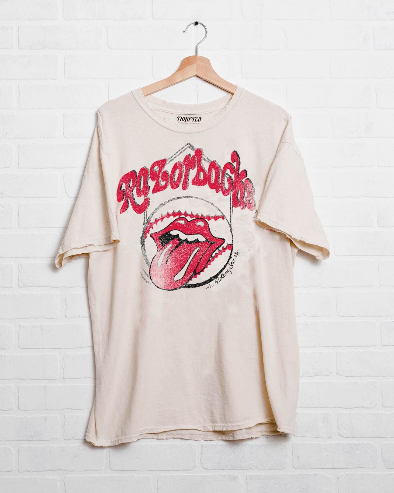 Rolling Stones Razorbacks Home Plate Off White Thrifted Tee - shoplivylu