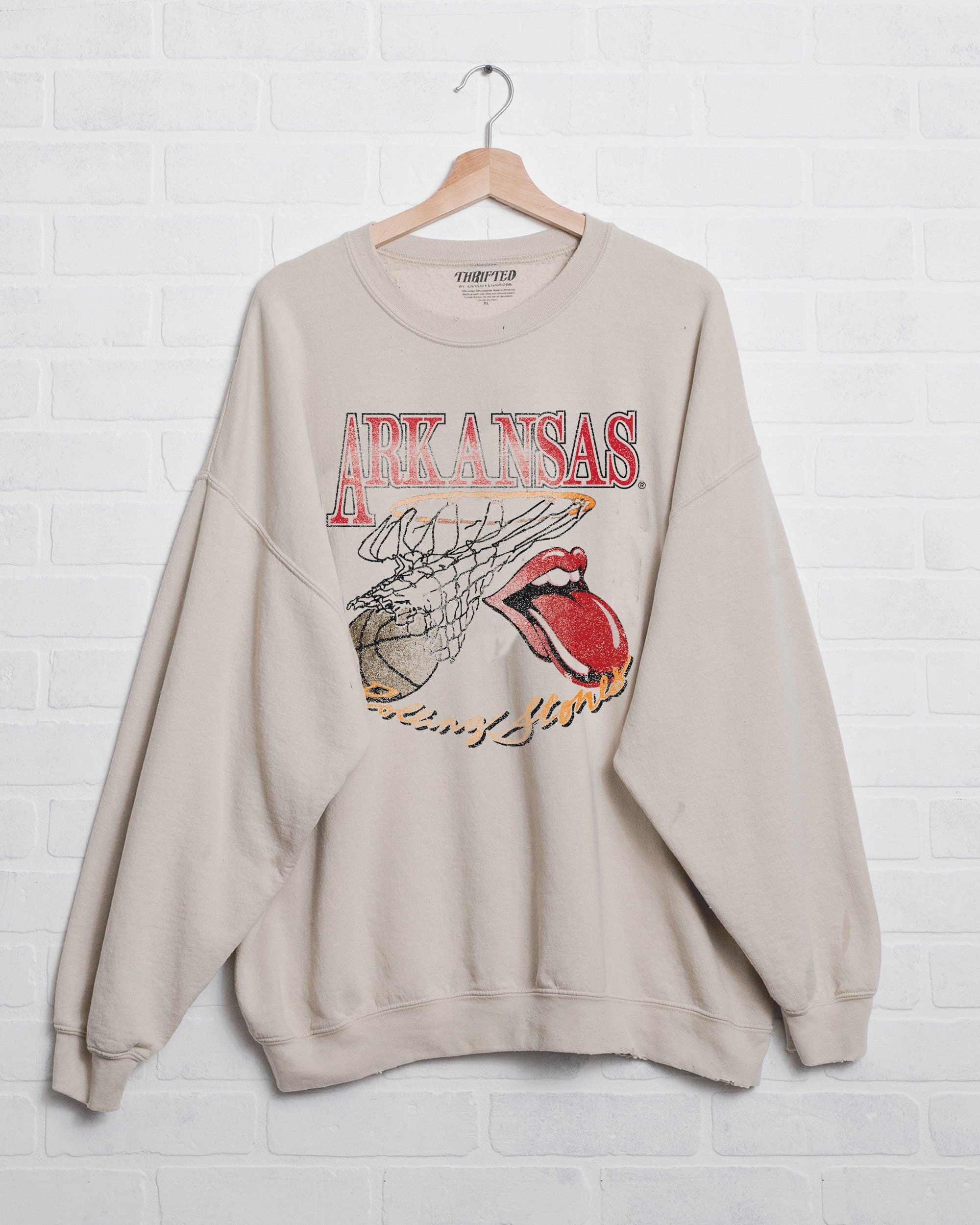 Rolling Stones Arkansas Basketball Net Sand Thrifted Sweatshirt - shoplivylu