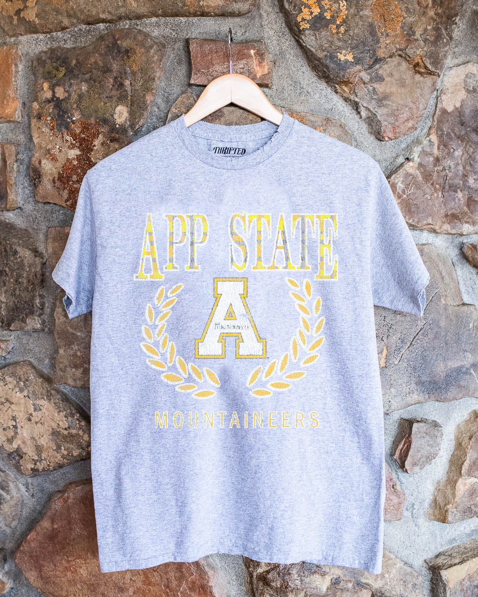 App State Mountaineers Plaid Crest Gray Thrifted Tee - shoplivylu