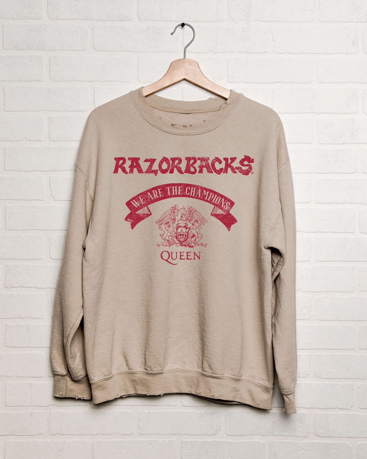 Queen Arkansas Razorbacks Champions Scroll Sand Thrifted Sweatshirt