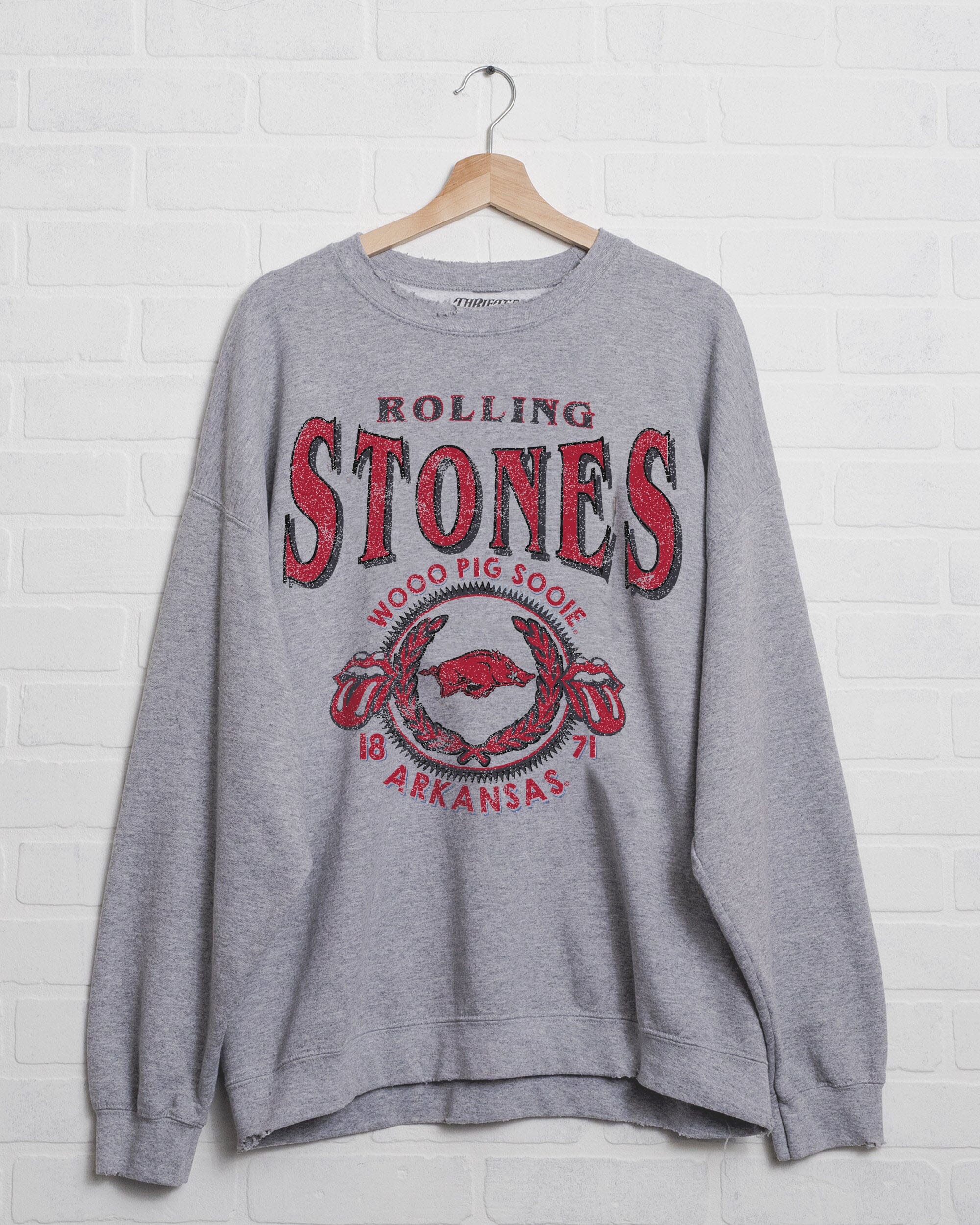 Rolling Stones Arkansas Razorbacks College Seal Gray Thrifted Sweatshirt