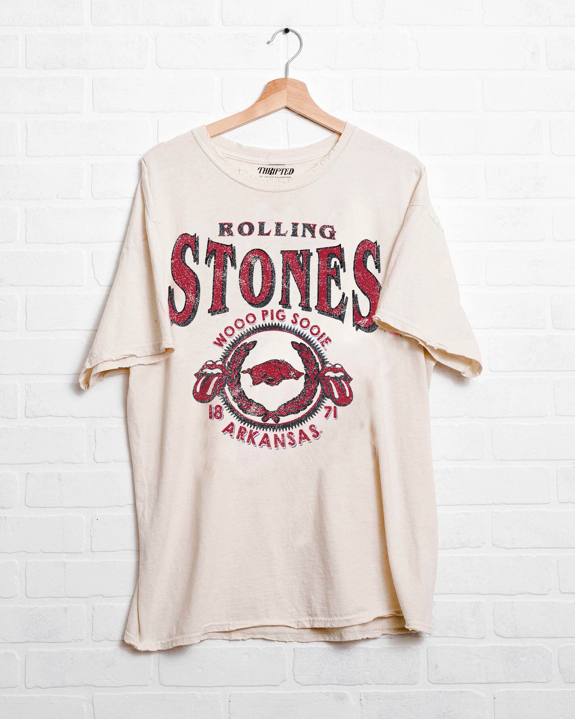 Rolling Stones Arkansas Razorbacks College Seal Off White Thrifted Tee