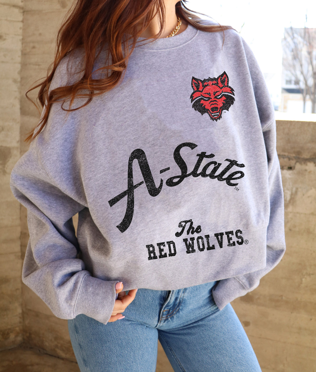 Arkansas State Red Wolves Quality Gray Oversized Crew Sweatshirt - shoplivylu