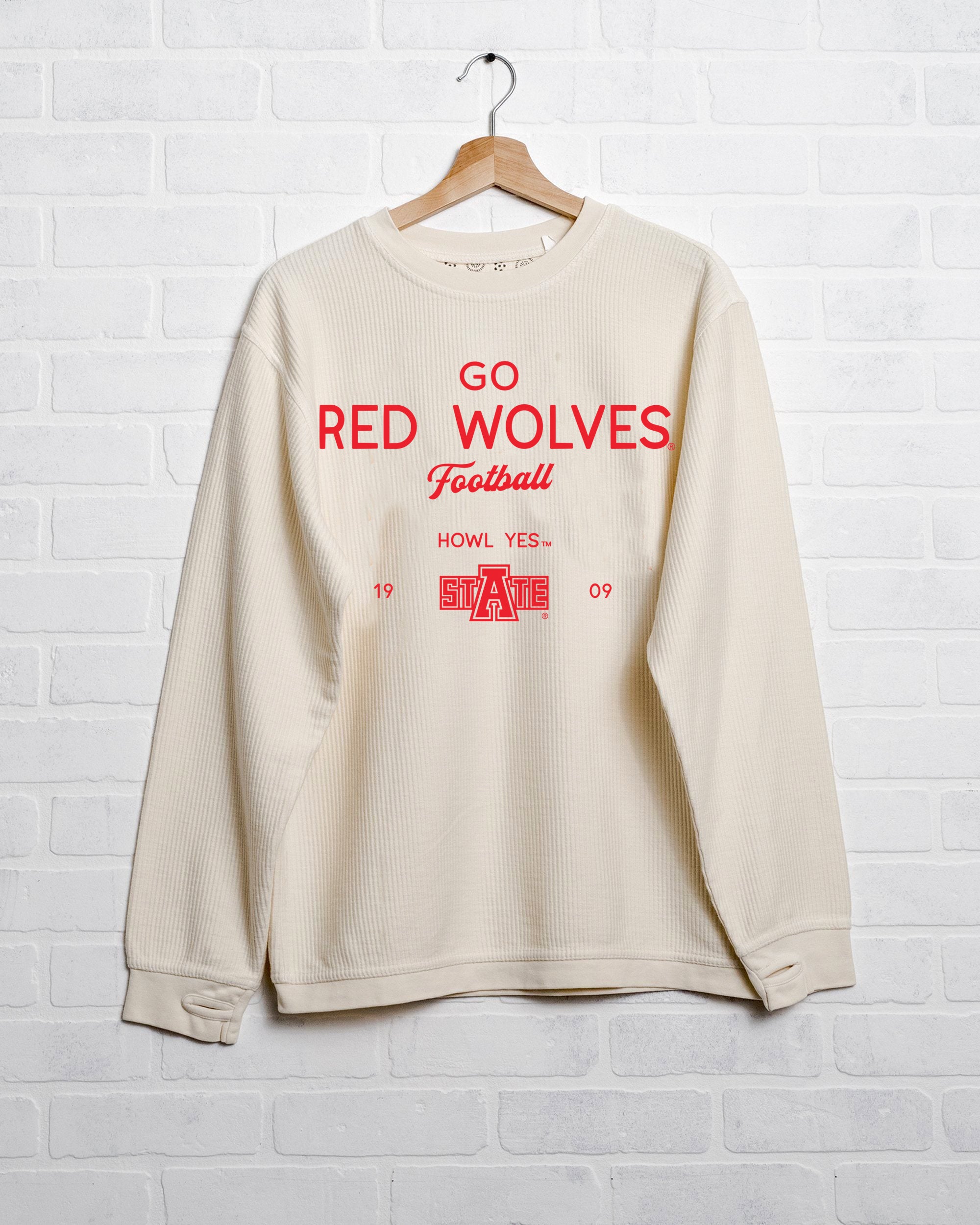 ASU Red Wolves Shot Off Ivory Corded Crew Sweatshirt - shoplivylu