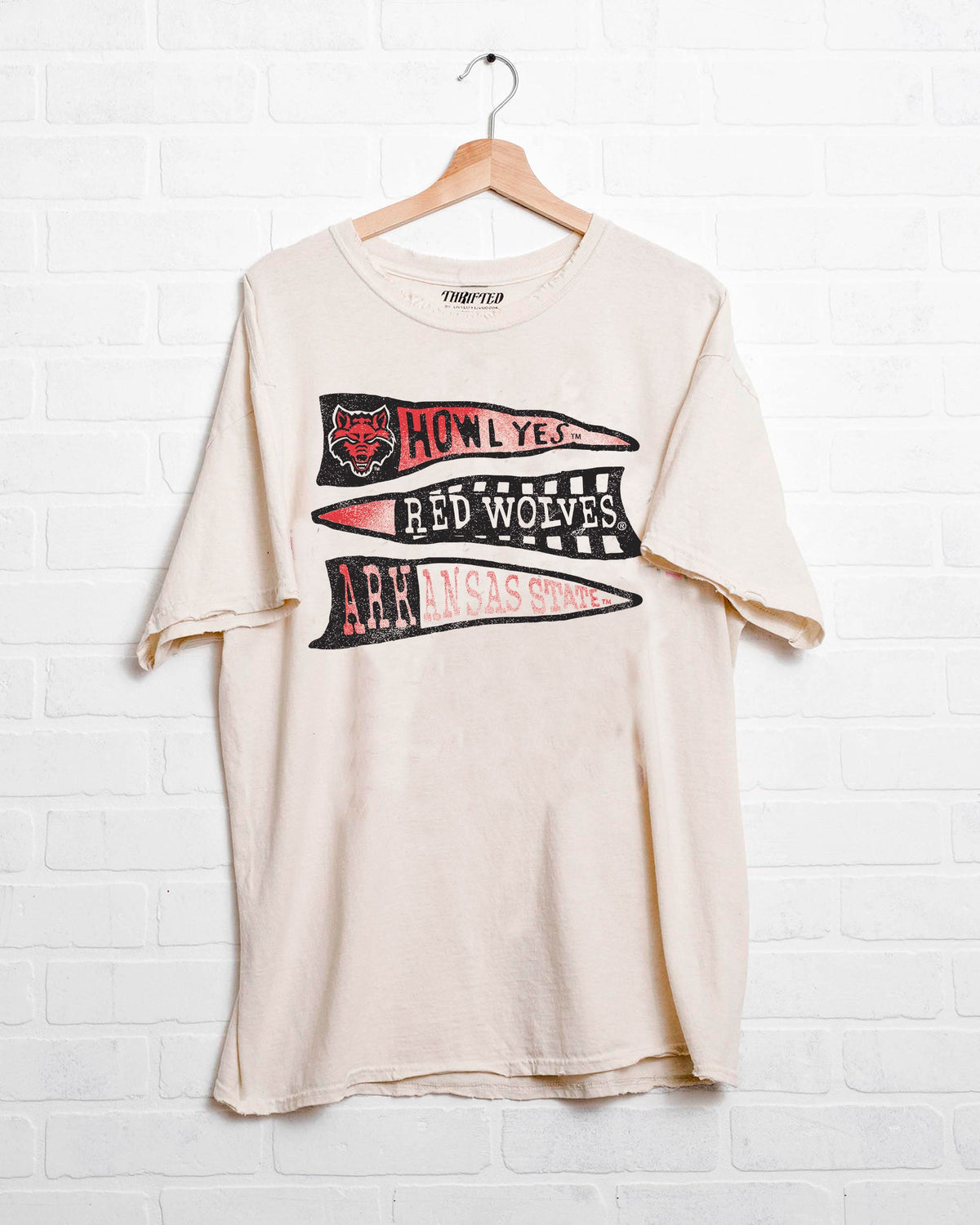 Arkansas State Red Wolves Pennant Off White Thrifted Tee - shoplivylu
