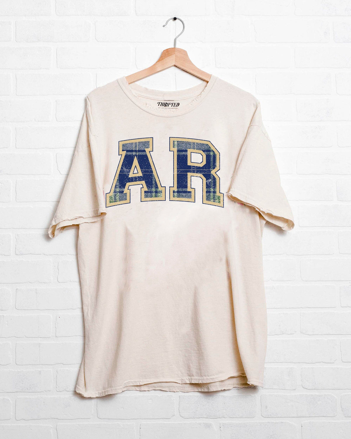 AR Plaid Arch (Gold Outline) Off White Thrifted Tee - shoplivylu