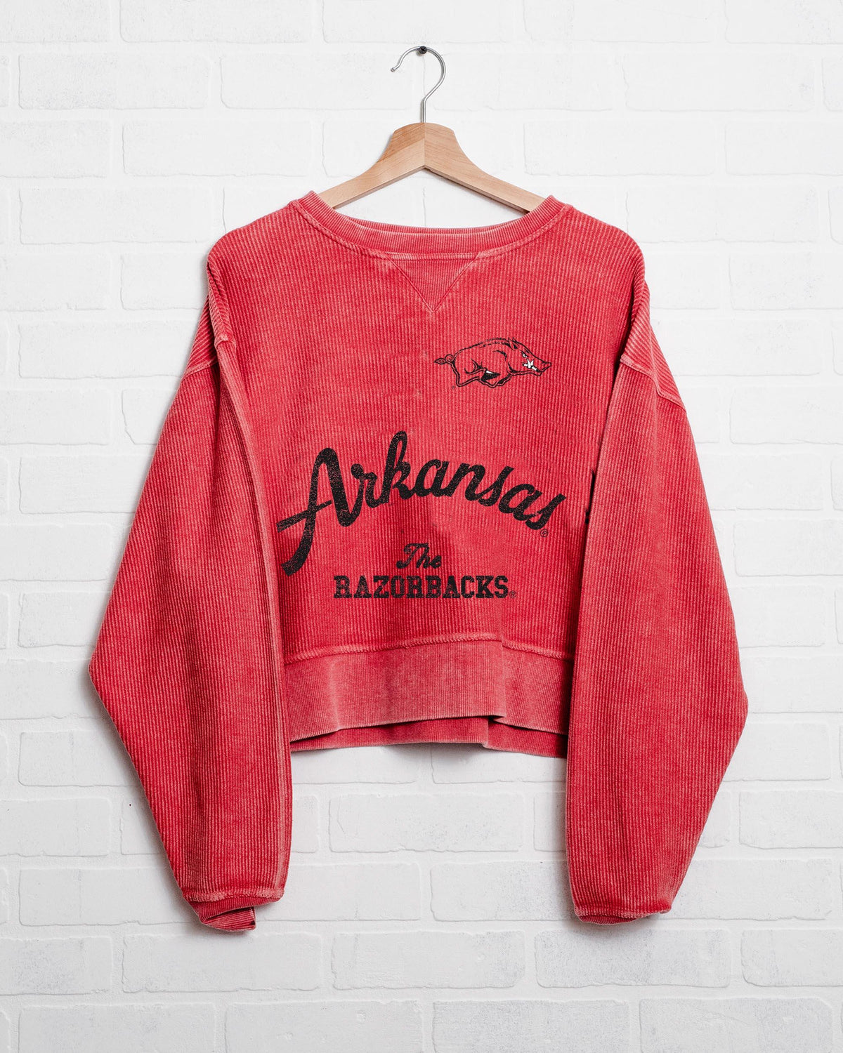 Arkansas Razorbacks Quality Red Cropped Corded Crew Sweatshirt - shoplivylu