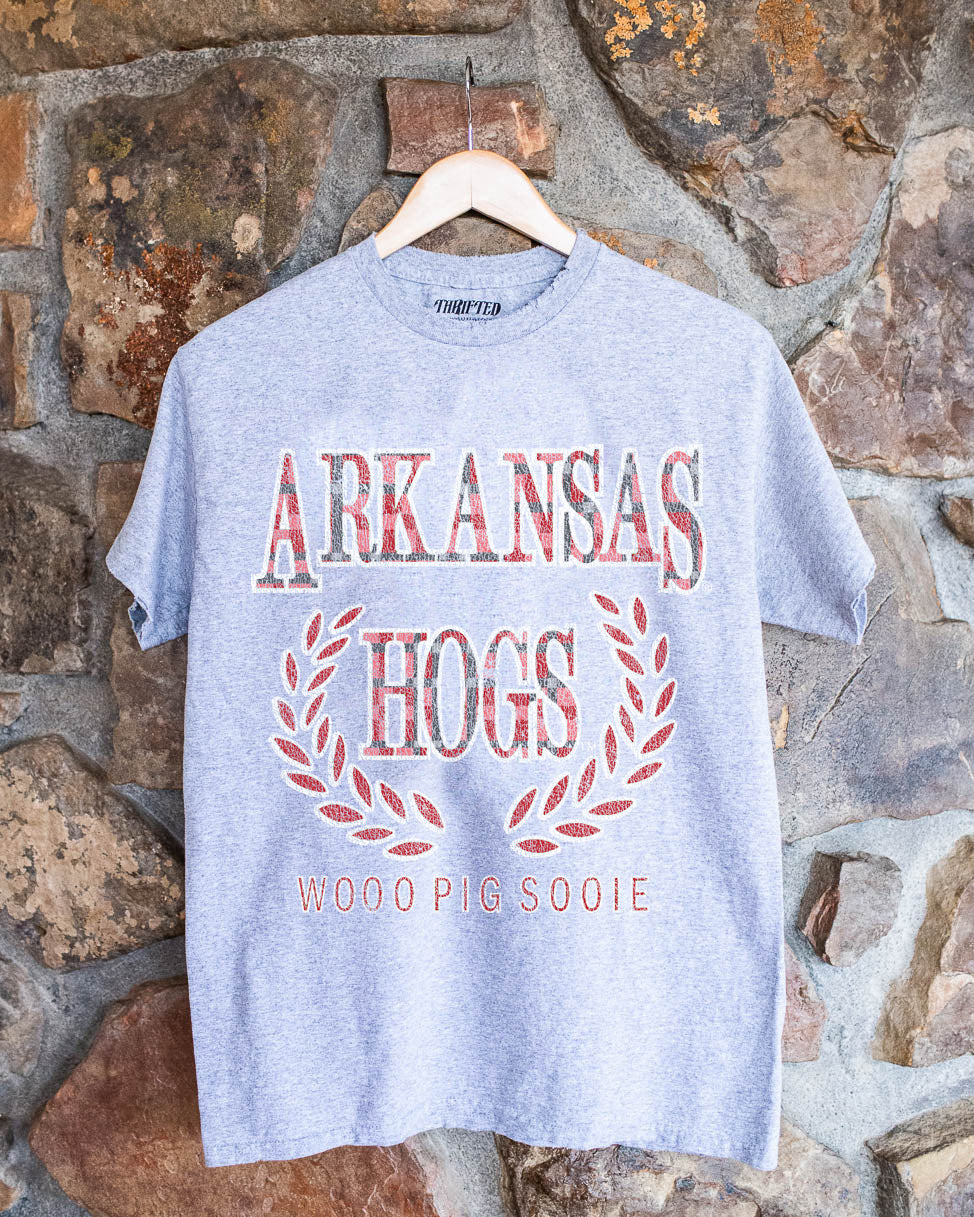 Arkansas Razorbacks Plaid Crest Gray Thrifted Tee - shoplivylu