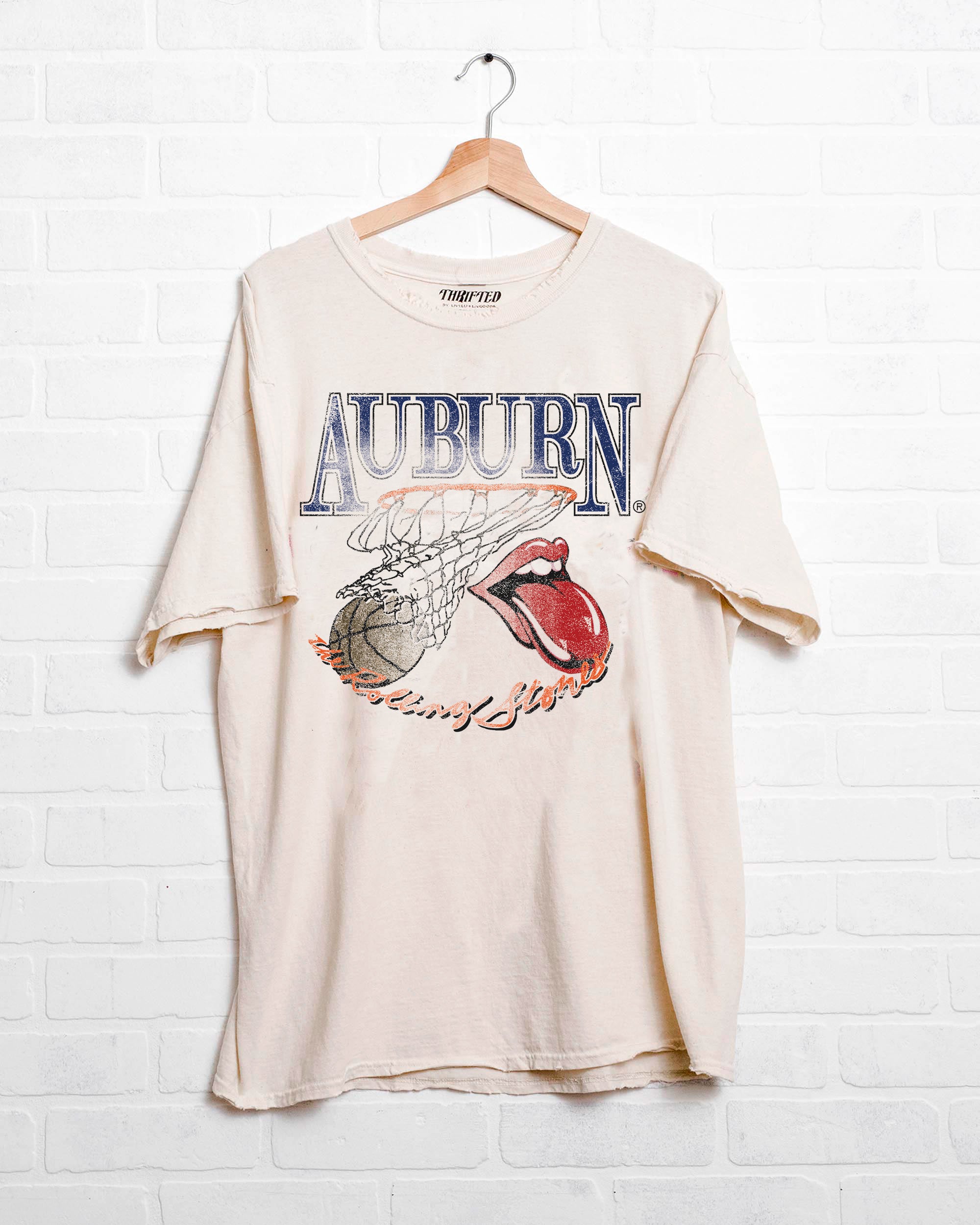 Rolling Stones Auburn Basketball Net Off White Thrifted Tee - shoplivylu