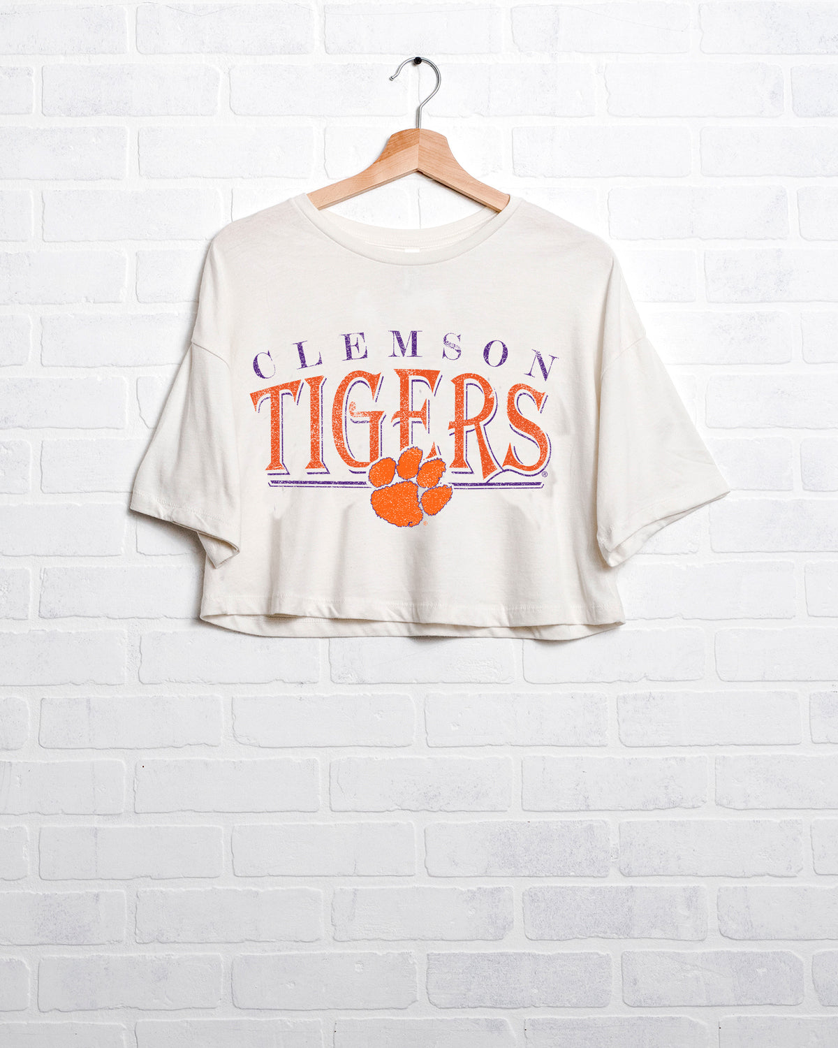 Clemson Tigers 80s White Cropped Tee - shoplivylu
