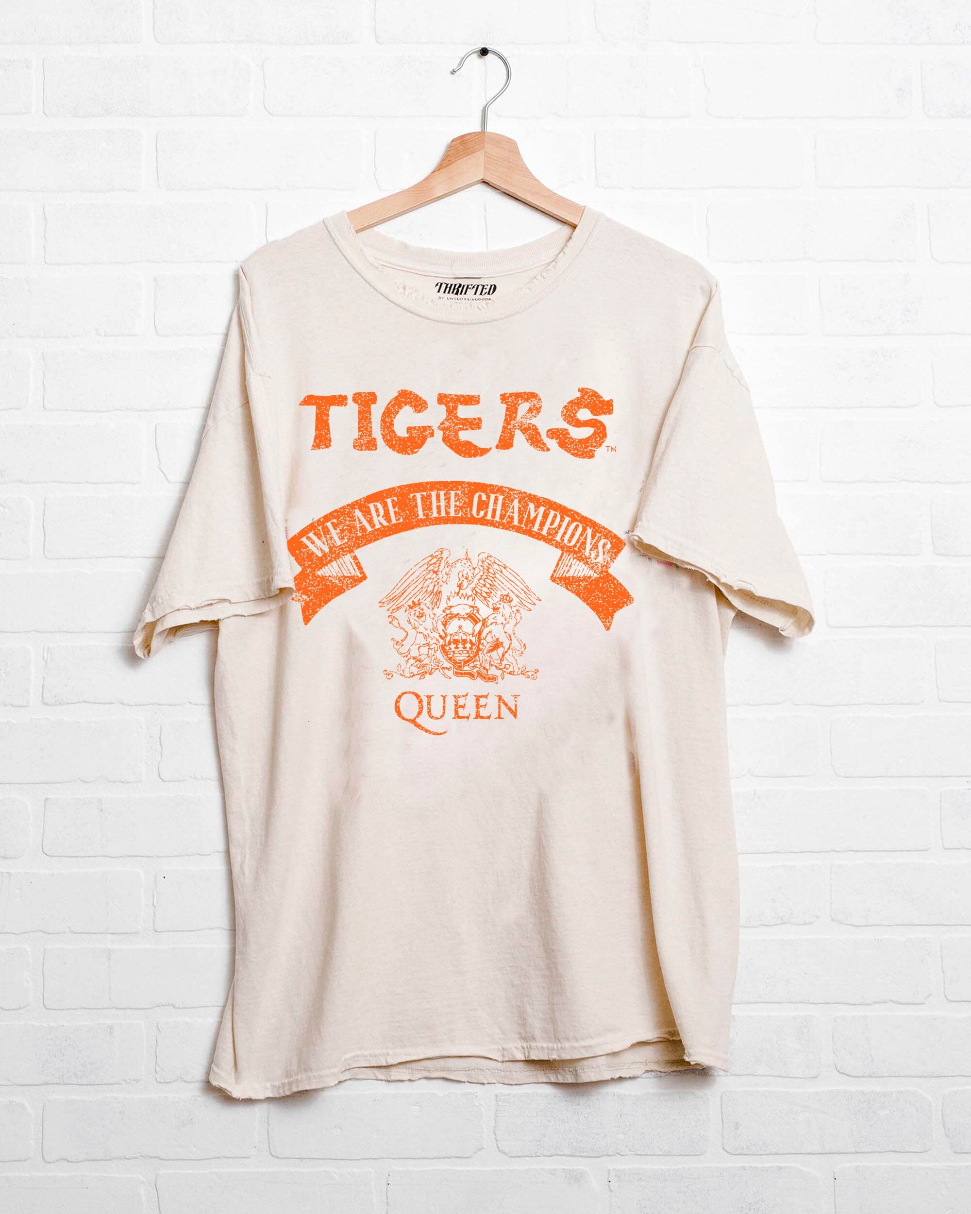 Queen Clemson Tigers Champions Scroll Off White Thrifted Tee