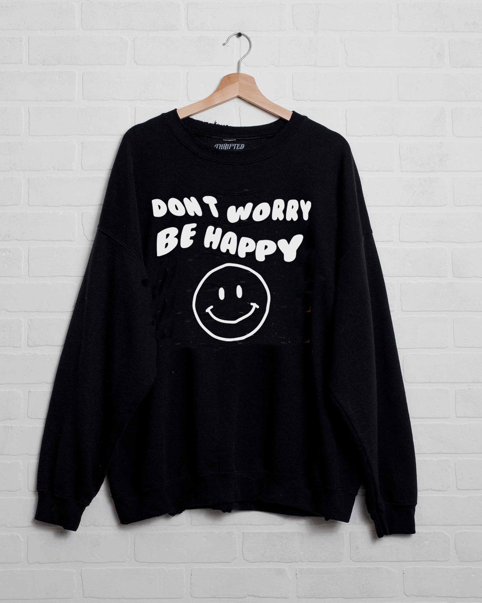 Don't Worry Be Happy Puff Ink Black Thrifted Sweatshirt - shoplivylu