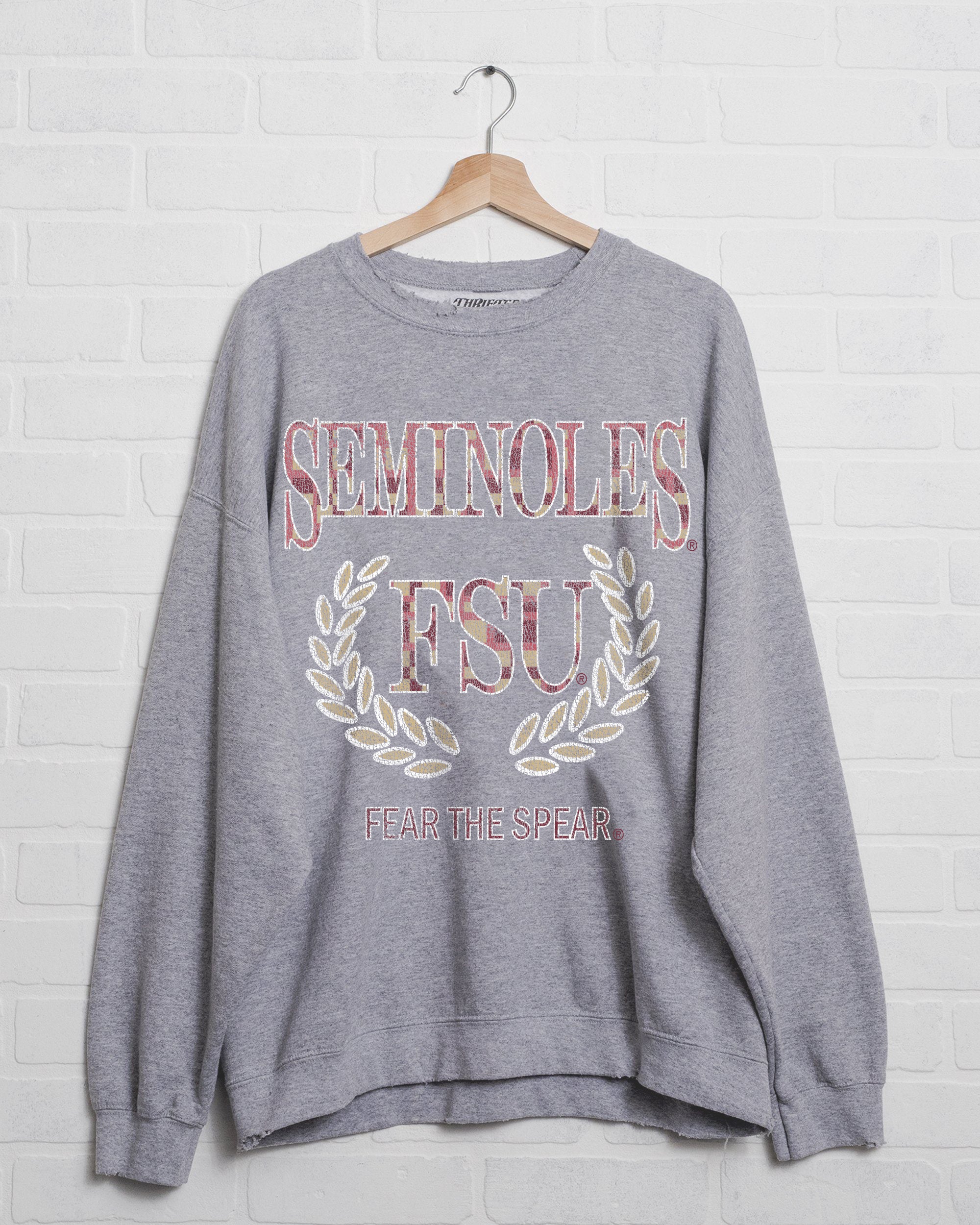 FSU Plaid Crest Gray Thrifted Sweatshirt - shoplivylu