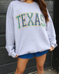Texas Plaid Arch (Gold Outline) Gray Thrifted Sweatshirt - shoplivylu
