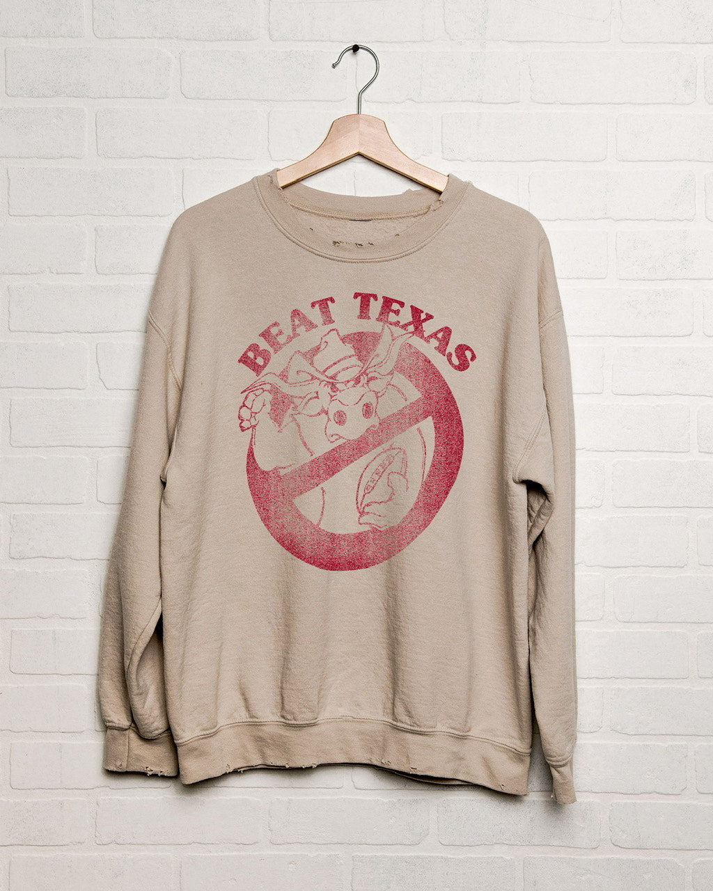 Beat Texas Horn Busters (Crimson Ink) Sand Thrifted Sweatshirt - shoplivylu