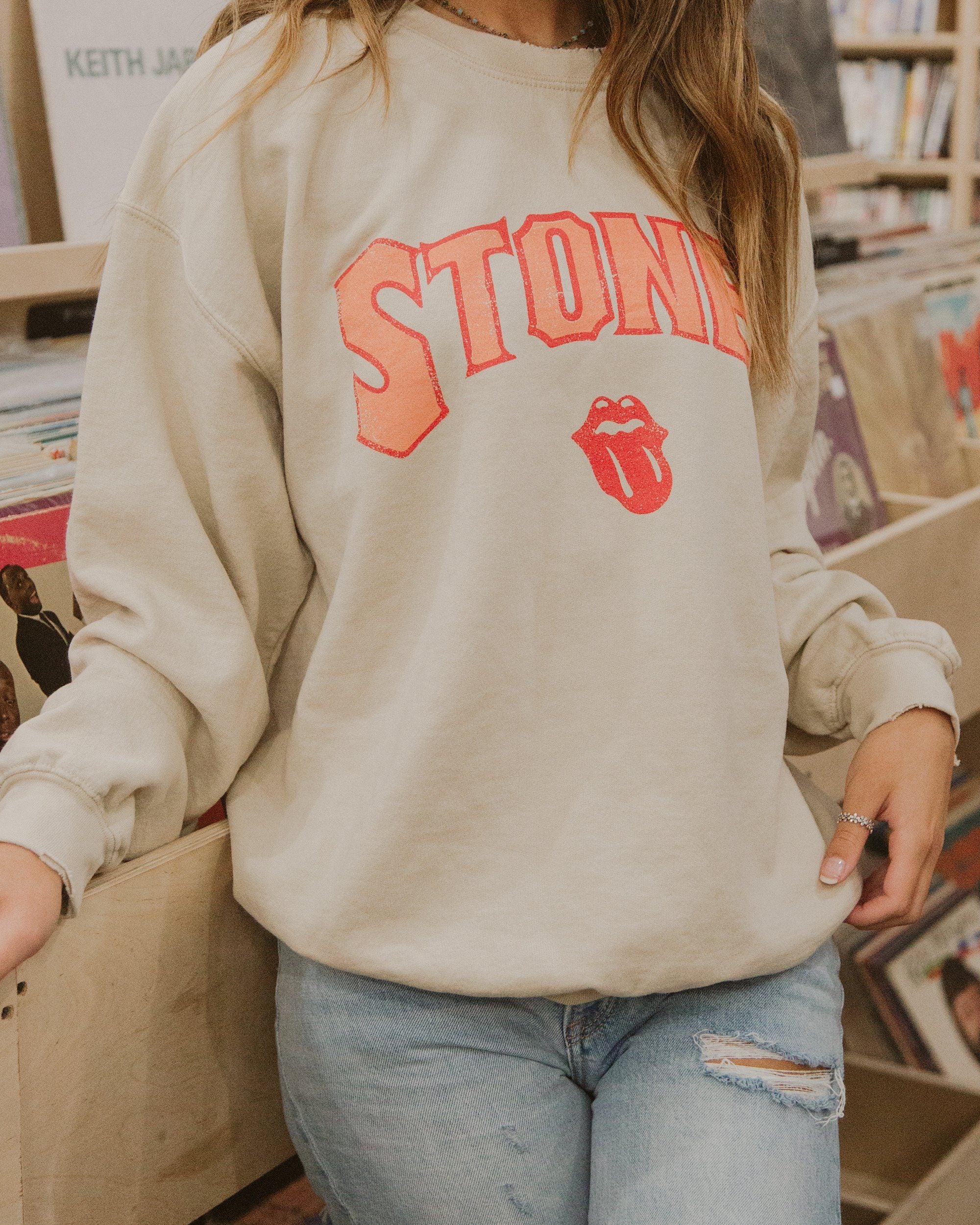 Rolling Stones Arch Sand Thrifted Sweatshirt - shoplivylu