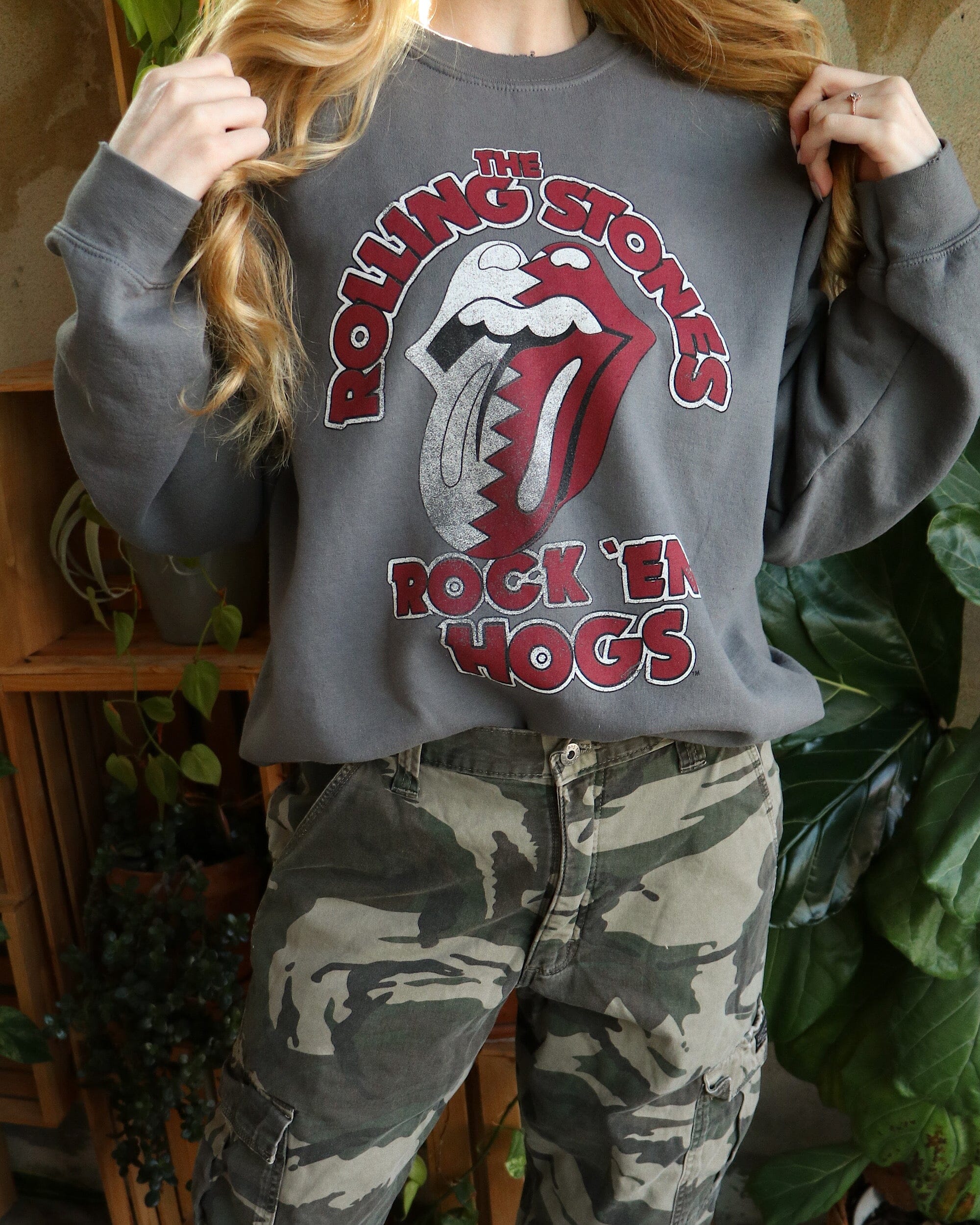 Rolling Stones Rock 'Em Hogs Off Black Thrifted Sweatshirt
